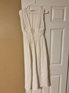 Abercrombie & Fitch Cream Textured V-Neck Midi Dress with Tie Waist